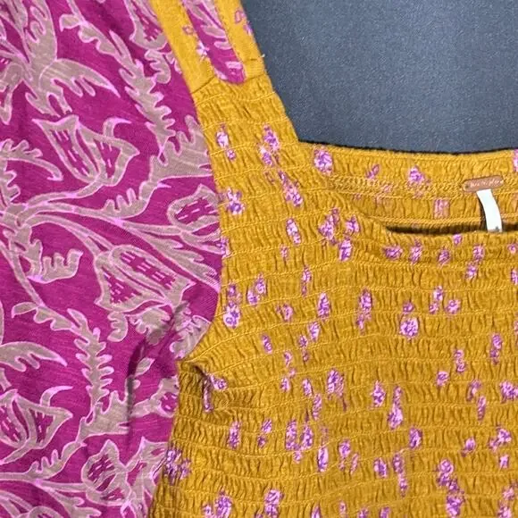 Free People Smocked Crop Top Ditsy Floral Mustard Magenta Boho Sz S - Picture 4 of 5